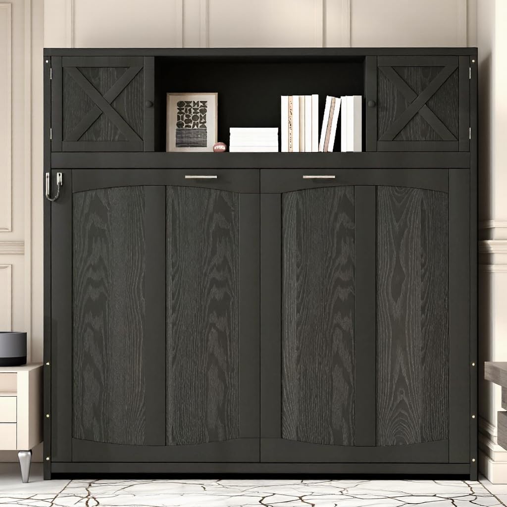 LUMISOL Murphy Bed Full Size, Wood Wall Bed Frame with Storage Cabinets, Farmhouse Cabinet Bed Frame for Guestroom, Apartment, Black