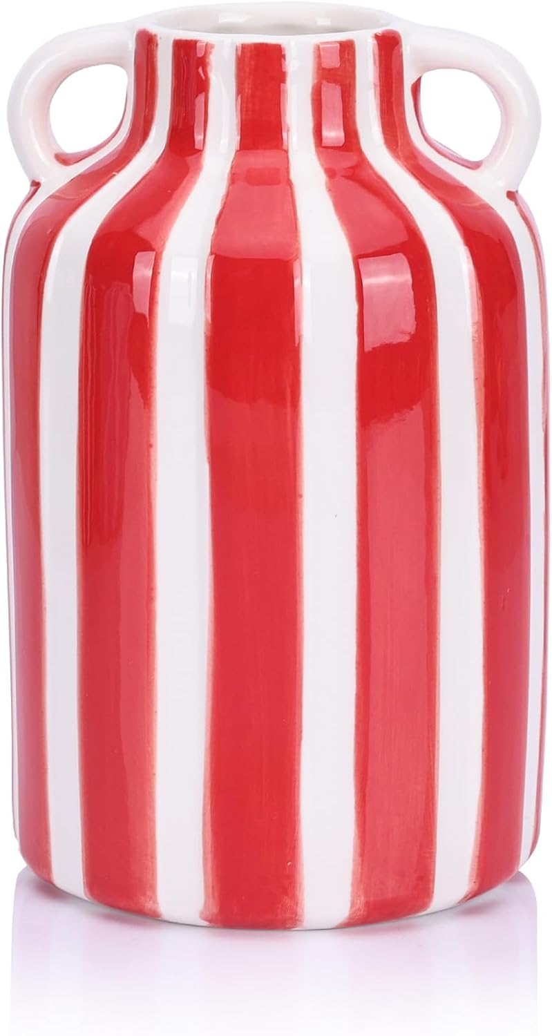Ceramic Red White Striped Checkered Vase with Handles, Modern Bohemian Minimalist Home Decor Vase for Flower Pampas Grass for Centerpiece Table Bookshelf Desk Mantle (Red White)