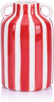 Ceramic Red White Striped Checkered Vase with Handles, Modern Bohemian Minimalist Home Decor Vase for Flower Pampas Grass for Centerpiece Table Bookshelf Desk Mantle Red White