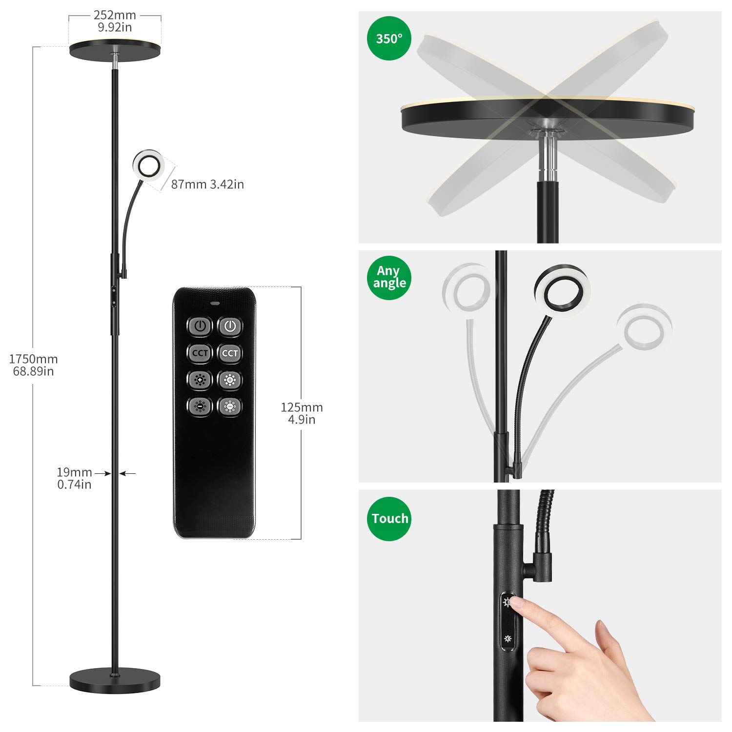Modlicht 35W Lampara de Pie LED Negro, 4200lm Lámpara de Pie Salon con 6 Modos, 3000-6000K Lámpara Pie Regulable con Control Remoto & Táctil & 1H Timer, Lampara Pie Lectura para Dormitorio, Oficina