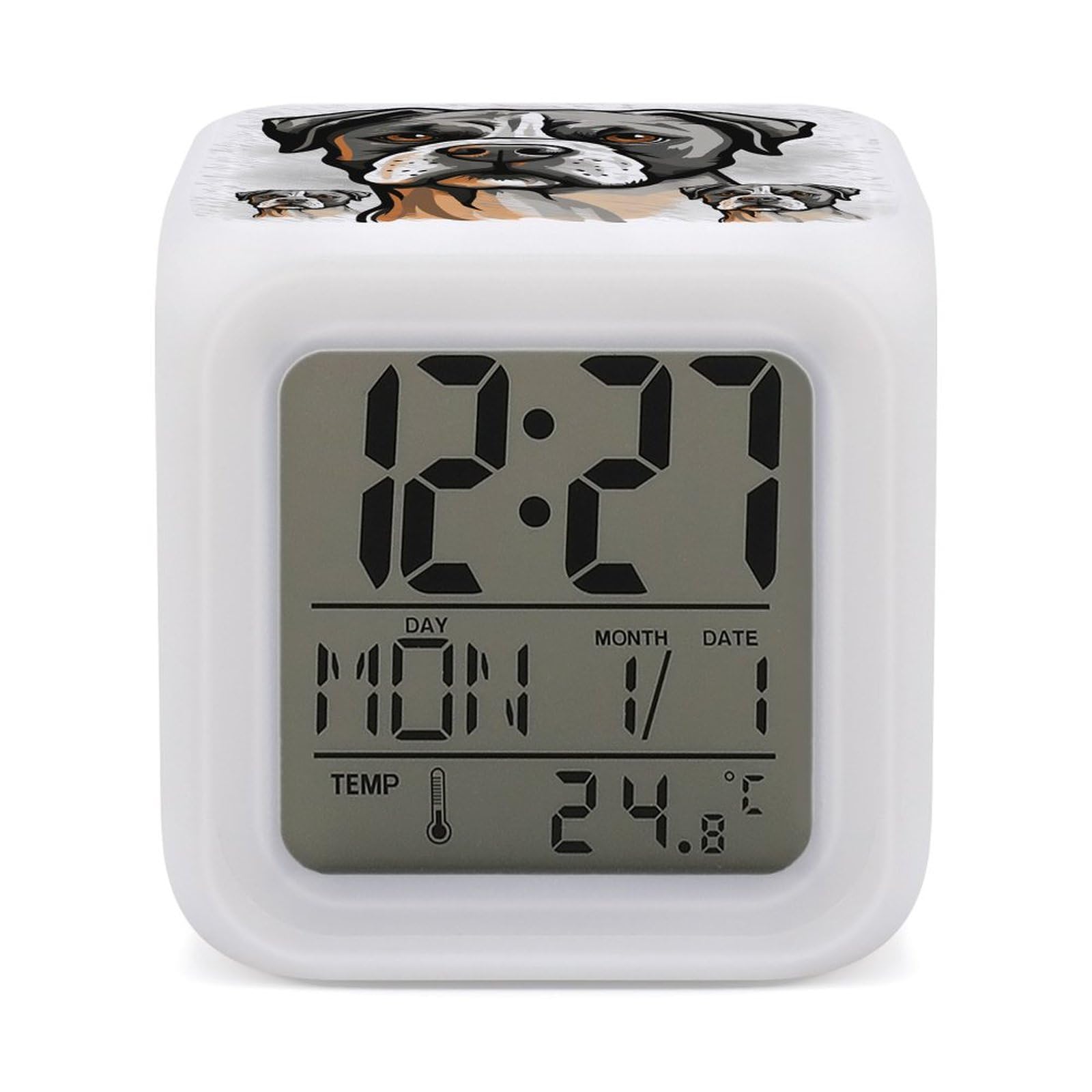 JTREHY 7 Color Changing LED Digital Alarm Clock,American Bulldog Head Printed Wake-up Clock with Temperature Display Home Decoration Alarm Clock for Bedroom Office