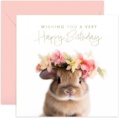 Old English Co. - Tarjeta de cumpleaños con diseño floral de conejo bebé para ella, bonita tarjeta de cumpleaños floral de conejo para mujer, lindas