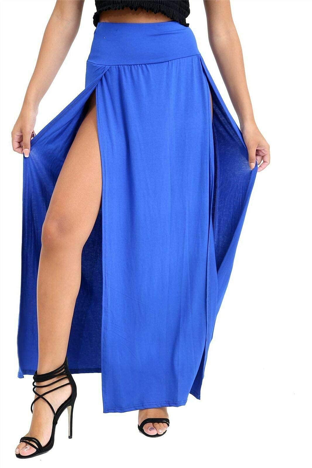 StyleWear Womens Double Split Long Maxi Skirt Ladies Plain High Waisted Side Slit Party Maxi Skirt (Royal Blue UK 12-14)