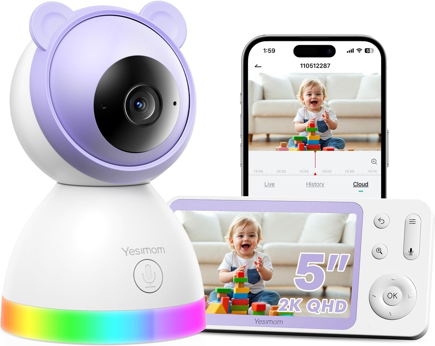 YESIMOM 2K 5" Babyphone Camera, 360° PTZ Baby Phone avec Caméra Vidéo et Audio APP, Veilleuses Colorées, Zoom 4X, Surveillance des Mouvements & Suivi Automatique, Alarmes de Zone