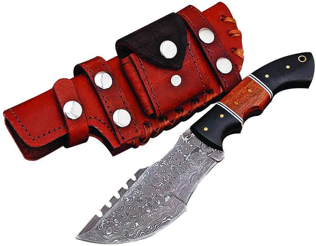 Gentry Choice Damascus Tracker Knife with Rosewood Micarta Handle & Leather Sheath Utility Knife - Camping Fishing Knife