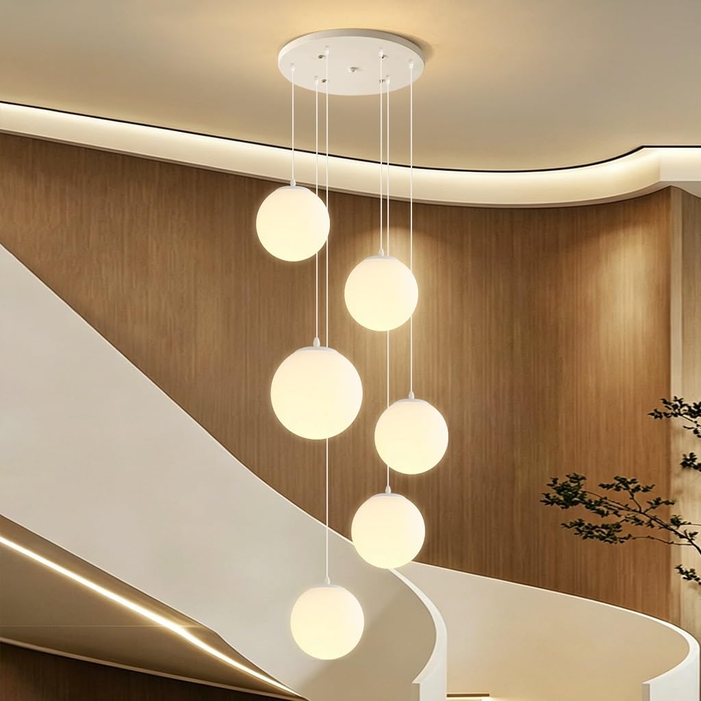Suspension Moderne En Forme De Globe Pour Escalier,Lampe Suspendue Minimaliste À Plusieurs Boules,Lustre Blanc Laiteux Pour Plafonds Hauts, Idéale Pour Le Salon, L'entrée Ou Le Hall(6-Heads)