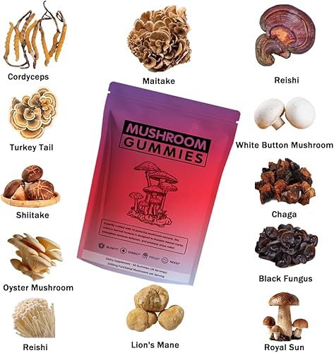 Miniatura 2 de 60 gomitas nutritivas de hongos para adultos, mezcla de hongos 12 en 1 con melena de león, cola de pavo, reishi orgánico, cordyceps, apoyo