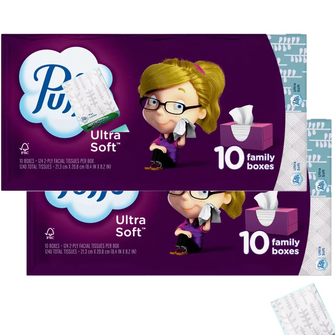 Ultra Soft Facial Tissues, 10 Family Boxes, 124 Tissues Per Box (12 Count(2 Pack))