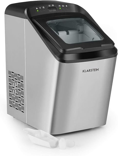 Klarstein Partytime - Ice Cube Machine, Ice Cube Maker, 15kg / 24h, 2 Ice Cube Sizes: S & L, Production Time in 7 Minutes, Ice Cubes per Cycle: 9, 2.9-Litre Water Tank, LCD Display, Timer - Silver