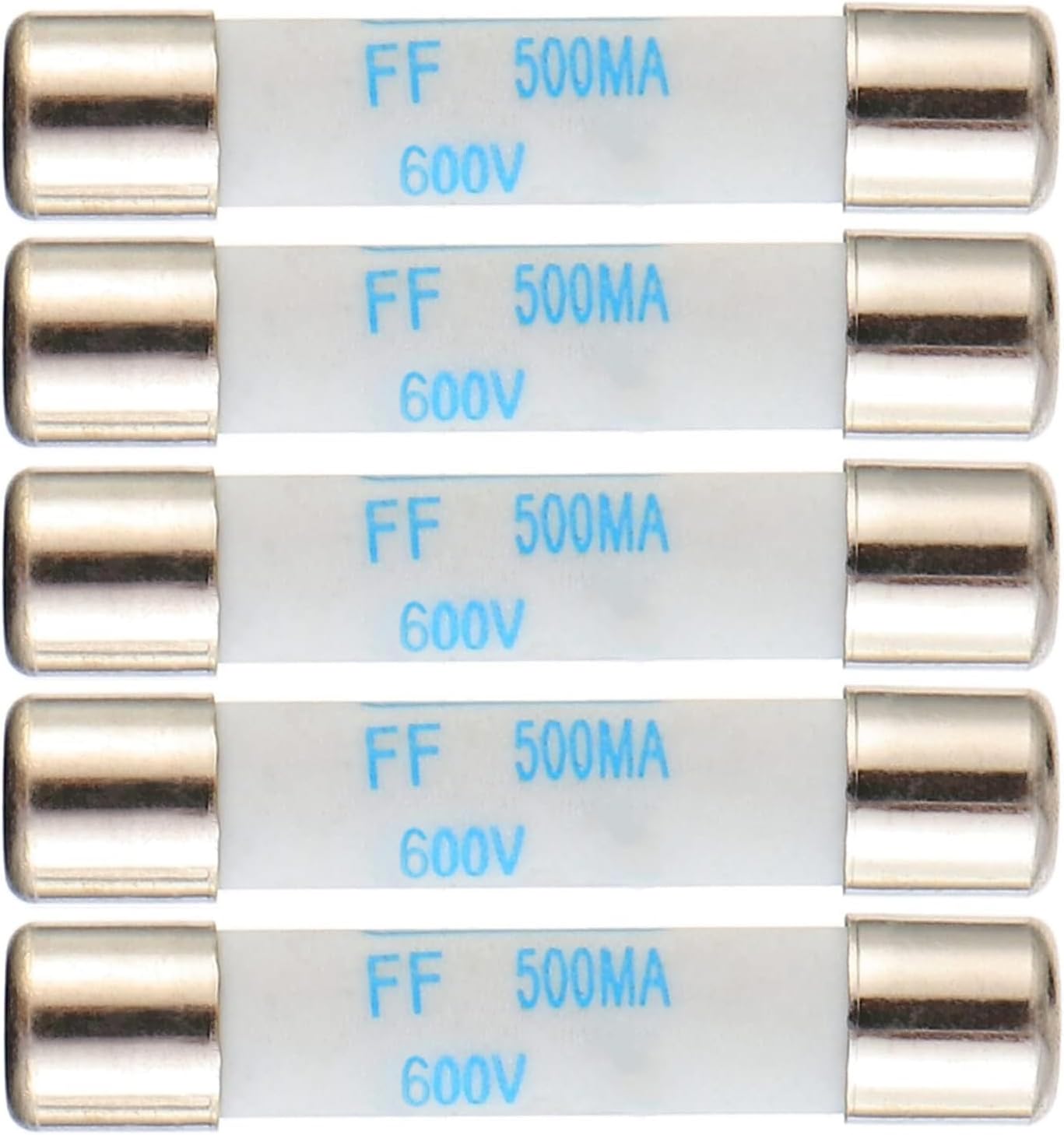 BOJACK Digital Multimeter Fuse 0.5A 500mA 600V DC Fast Acting Nickel-Plated Brass Ceramic Fuse 6.3x32 mm FF500mA (Pack of 5)