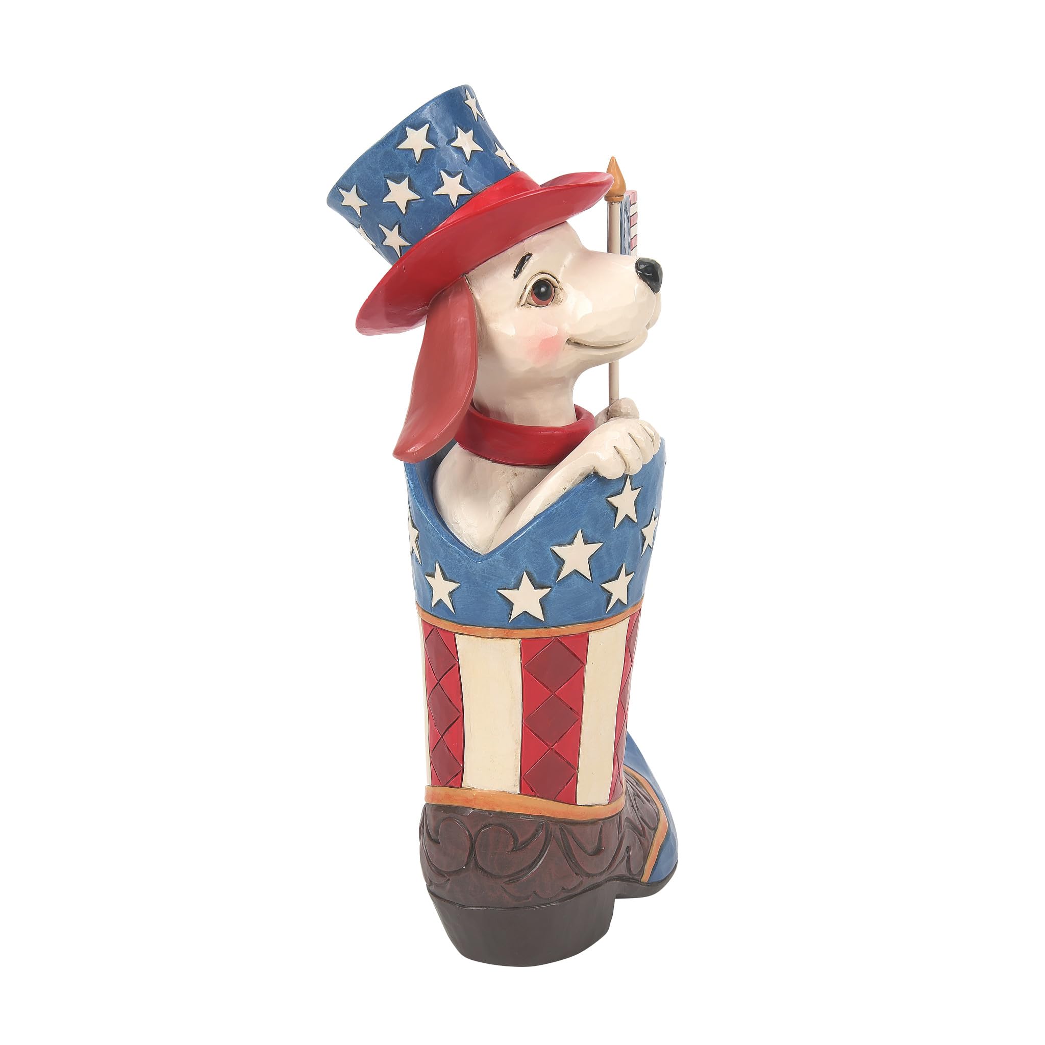 Enesco Jim Shore Heartwood Creek Patriotic Dog Holding Flag in a Cowby Boot Figurine, 22 cm, Çok Renkli