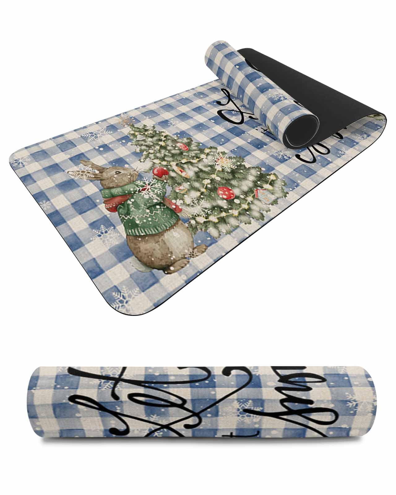 Debedcor Heat Proof Table Pads Waterproof Decorative, Christmas Tree Bunny Non-Slip Table Countertop Protector, Winter Vintage Xmas Blue Plaid Insulation Mat for Kitchen Room, 40 x 12 Inches