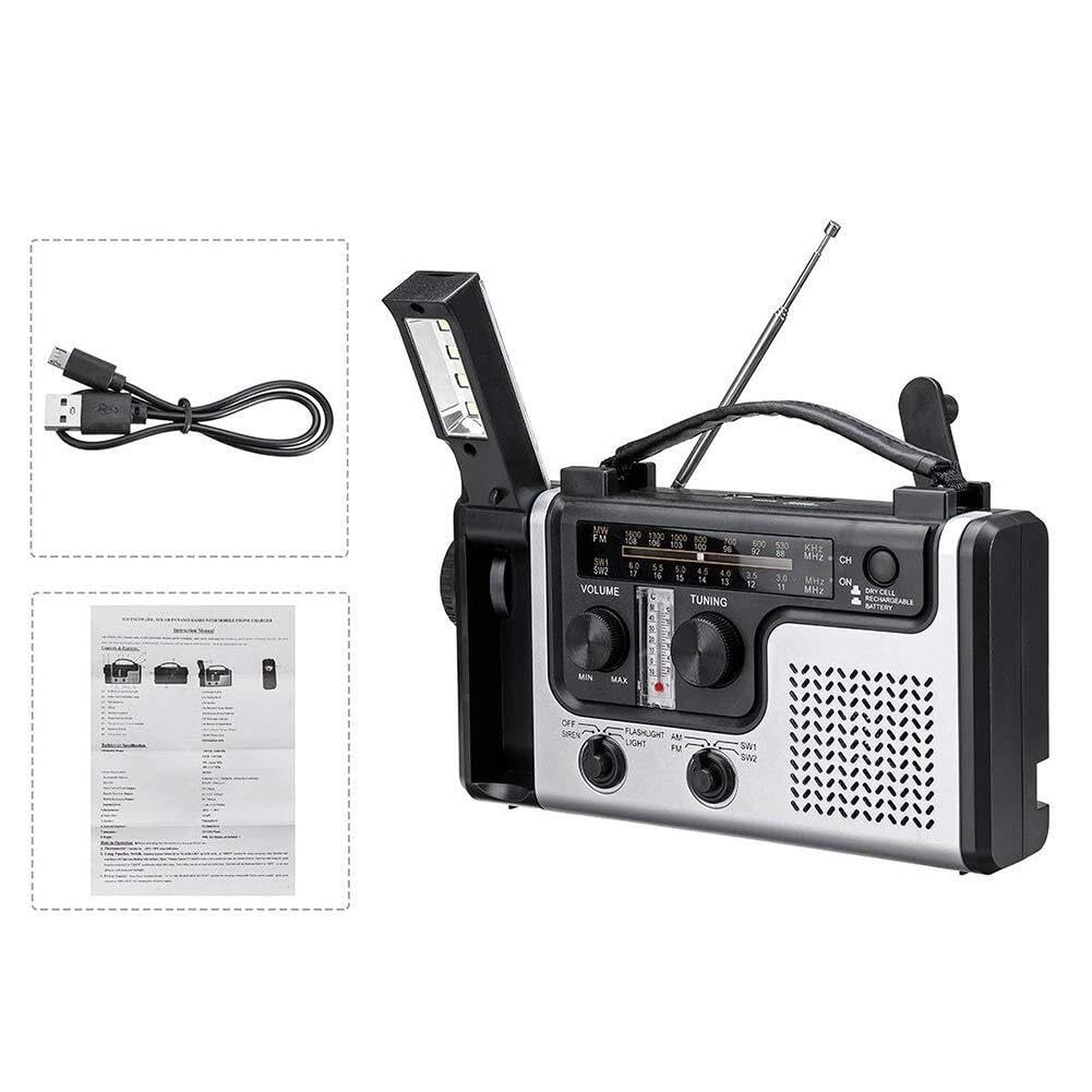 Przenośne, wielofunkcyjne radio z korbką ręczną zasilane energią słoneczną, radio pogodowe awaryjne z latarką, lampką do czytania, ładowarką do telefonu komórkowego i alarmem SOS
