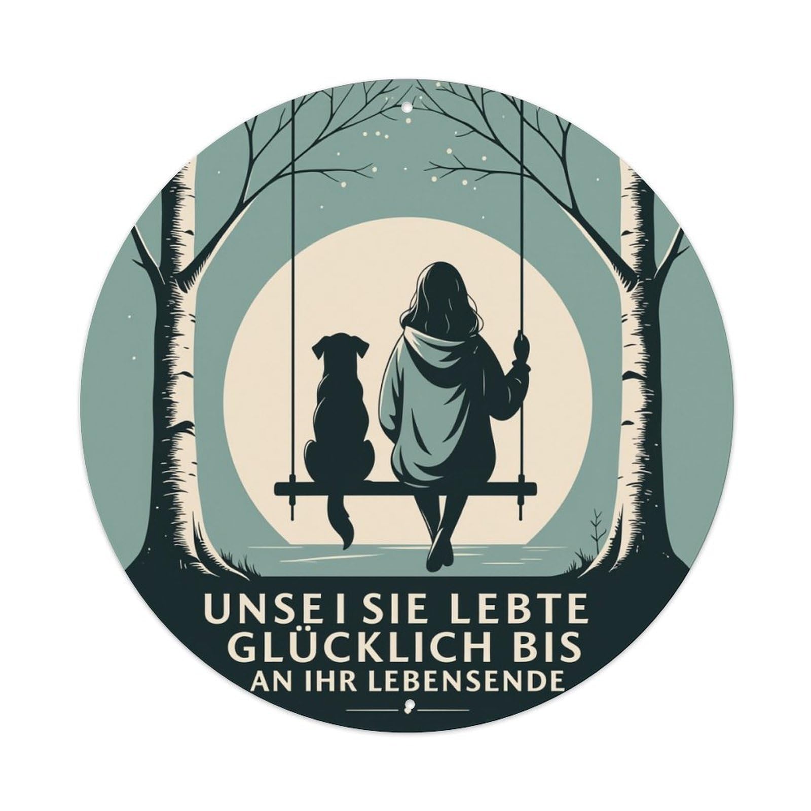 Woman And Dog On Swing Moonlight Forest Scene Round Tin Sign Retro Metal Sign for Cafe Bar Pub Home Game Room Gym Club Wall Decoration Vintage Metal Poster 8x8 Inch
