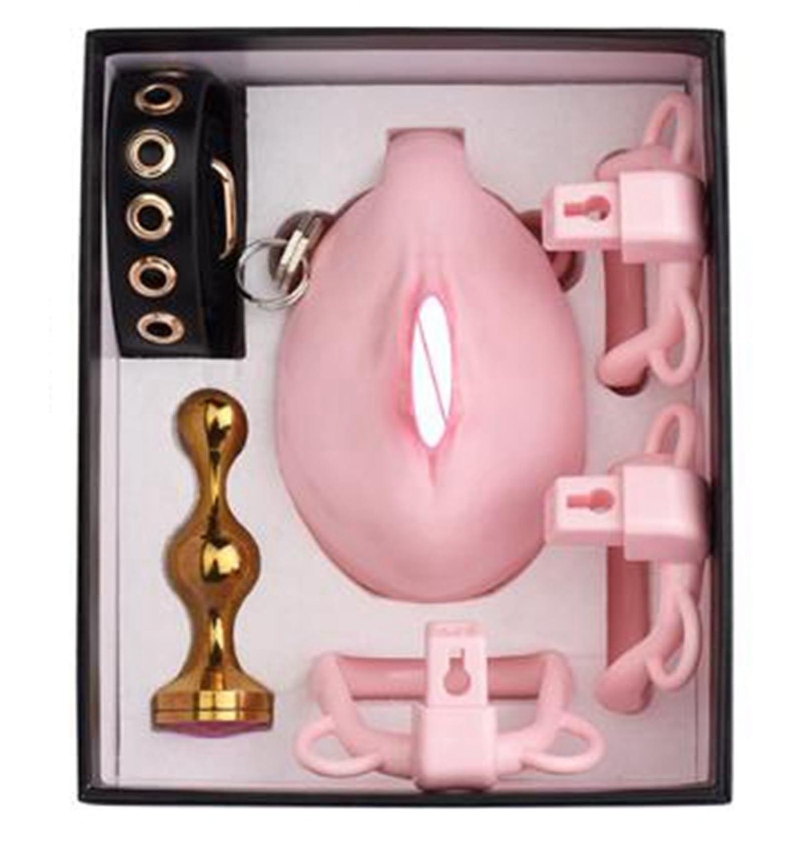 Harz Penikäfig Herren Imitation Schamlippen Keuschheitskäfig Set mit 4 Penisringe und Analplug Keuschheitsgürtel SM Penis Bondage Fetisch Peniskäfig Gerät Männer Sexspielzeug (Rosa)