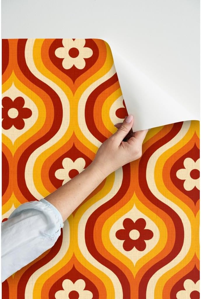 Spoonflower Peel & Stick Wallpaper 3ft x 2ft - 70S Groovy Daisy Ogee Yellow Flowers Red Retro Orange Geometric Custom Removable Wallpaper