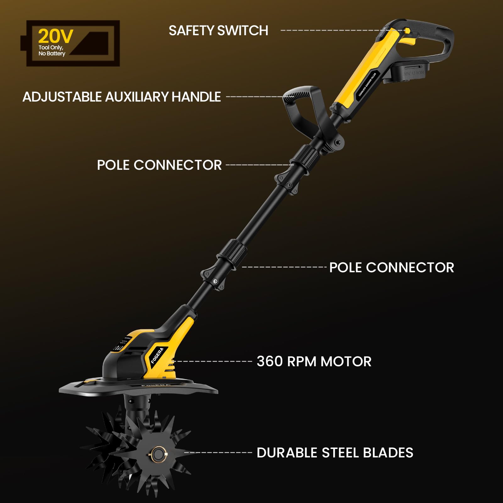 Cultivador inalámbrico compatible con batería DEWALT de 20 V MAX (solo herramienta)