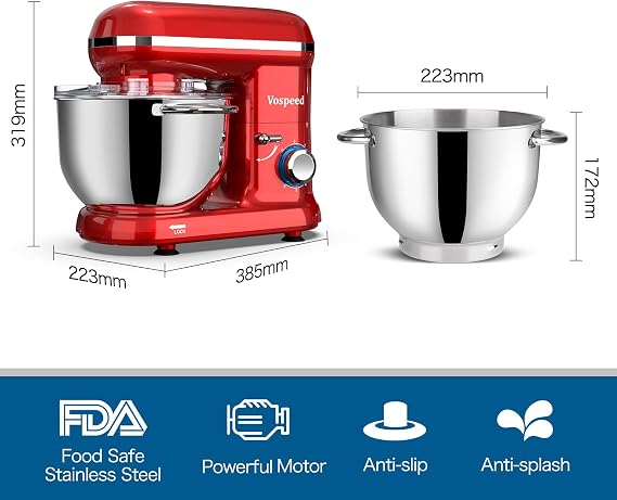 Vospeed Food Processor 6.2 L Electric Stand Mixer with 6 Speeds Kneading Machine for Baking with Stainless Steel Bowl Includes Whisk Dough Hook Whisk and Egg Separator (Red)