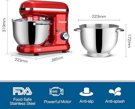 Vospeed Food Processor 6.2 L Electric Stand Mixer with 6 Speeds Kneading Machine for Baking with Stainless Steel Bowl Includes Whisk Dough Hook Whisk and Egg Separator (Red)