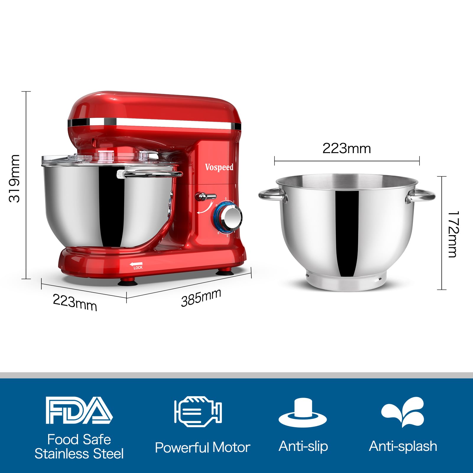 Vospeed Stand Mixer, Food Mixer Dough Blender, 6.2L 1500W Electric Cake Mixer with Bowl, Beater, Hook, Whisk, Egg Separator & Silicone Spatula, Dishwasher Safe (Red)