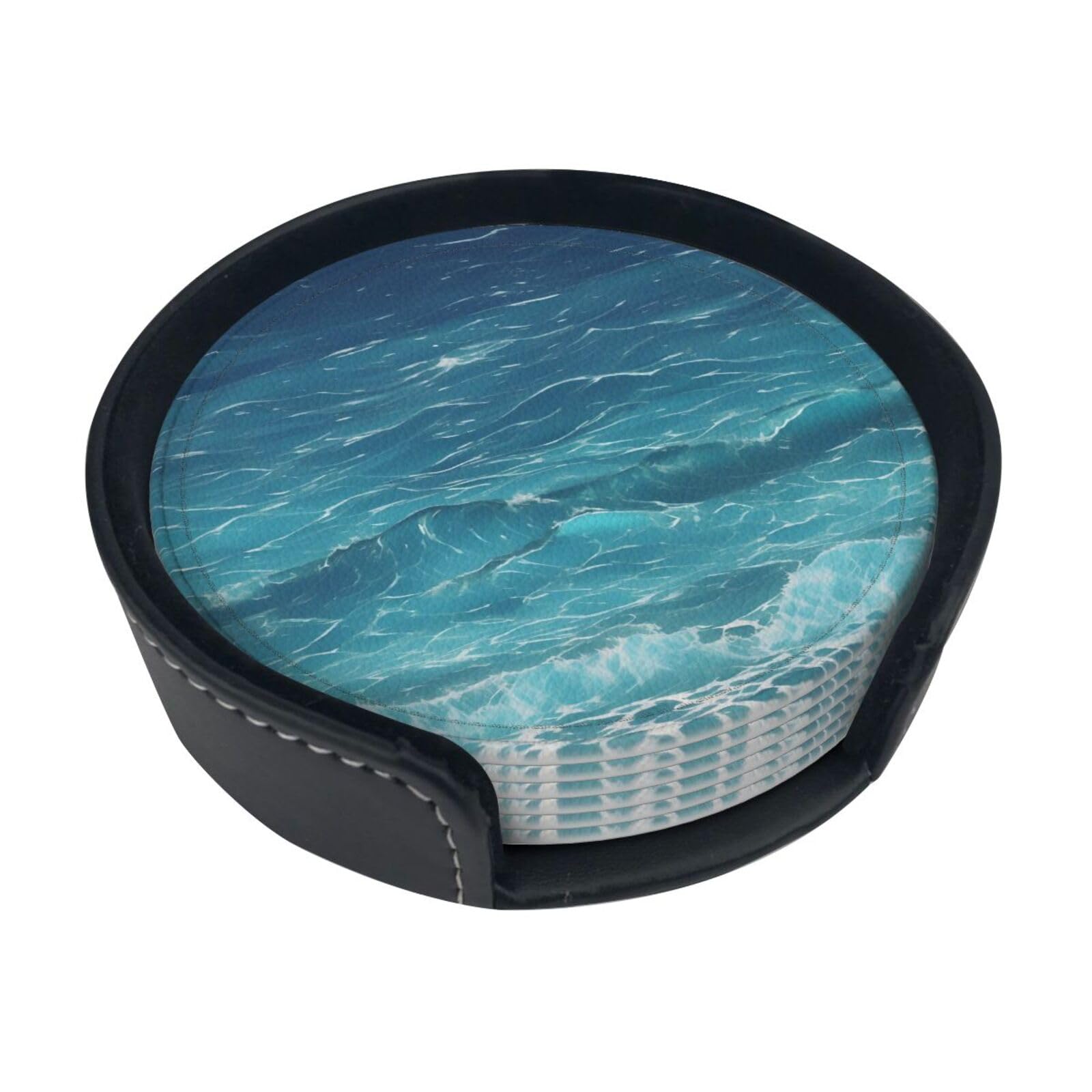 Cntdbu White The Deep Blue Sea Leather Coasters Set Of 6-Pu Leather Drink Mats For Table, Heat Resistant Round Coasters With Holder