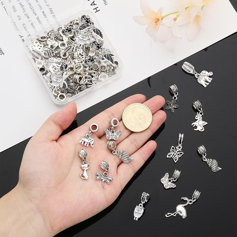 CHGCRAFT 48Pcs 12 Styles Alloy Dangle Spacer Beads European Dangle Beads Antique Silver Butterfly Elephant Owl Charm for European Snake Chain Bracelet Necklace Making, 21~30mm Length - Image 3