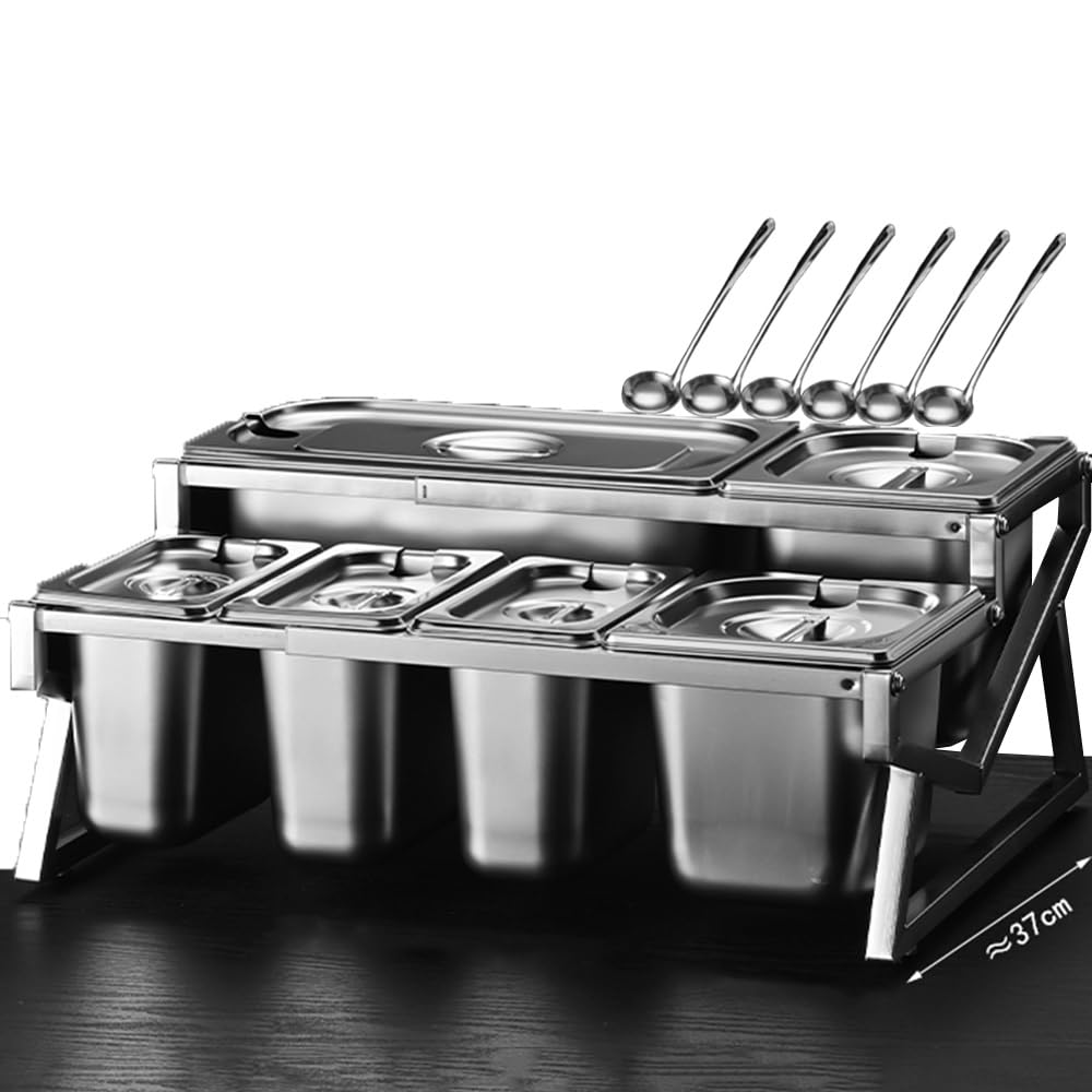 Soporte de cocina de acero inoxidable de 10 sartenes Set organizador de especias con tapas cucharas, 2 fila encimera inclinada estante de condimento, buffet contenedores titular para