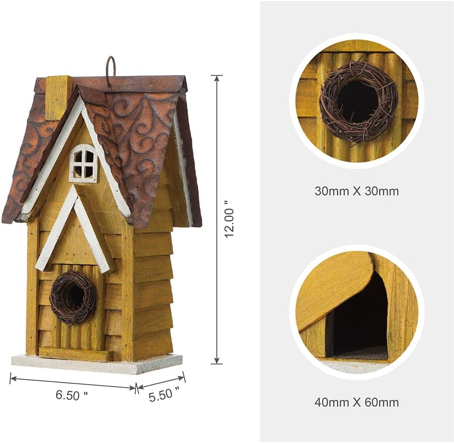 Glitzhome Bird Houses for Outside, 12" H Solid Wood Blue Bird House, Yellow Distressed Cottage Bird Nesting Box Decorative Birdhouse Hanging Bird House for Outdoors, Finch Swallow Wren Chickadee