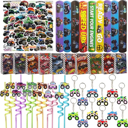 110PCS Monster Truck Party Favors Set,Monster Jam Birthday Decorations Including Truck Theme Slap Bracelets Keychains Gift Bags DIY Stickers Drinking Straws People Monster Truck Birthday Supplies