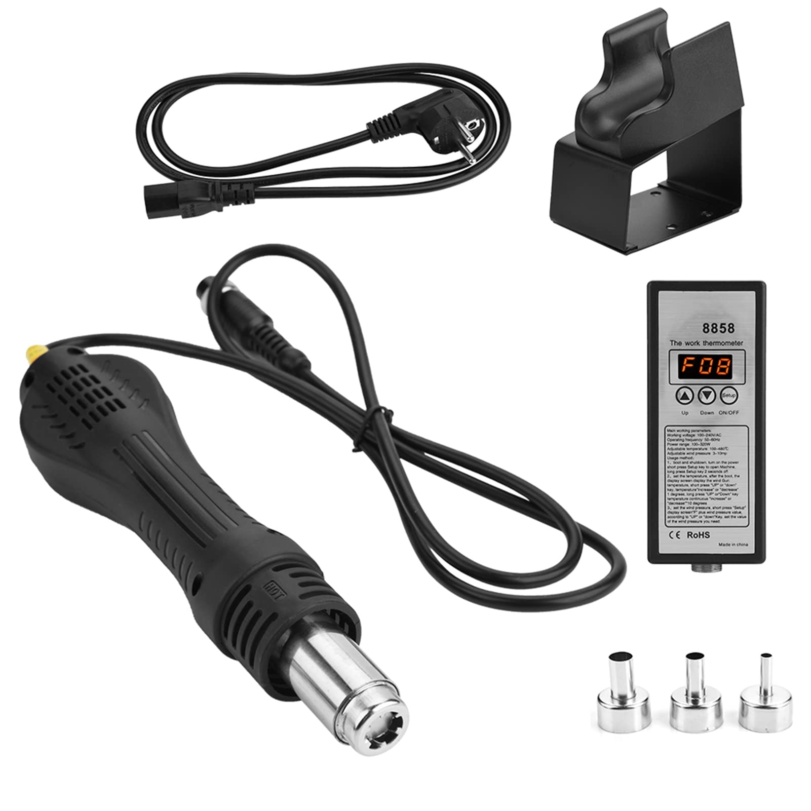 Fafeicy Inteligentna Cyfrowa Wiatrówka LED Opalarka 8858 Stacja Lutownicza ze Sterowaniem Mikrokomputerem 3 Dysze do Rozlutowywania Lutowanie Suszenie (Wtyczka UE 220 V)