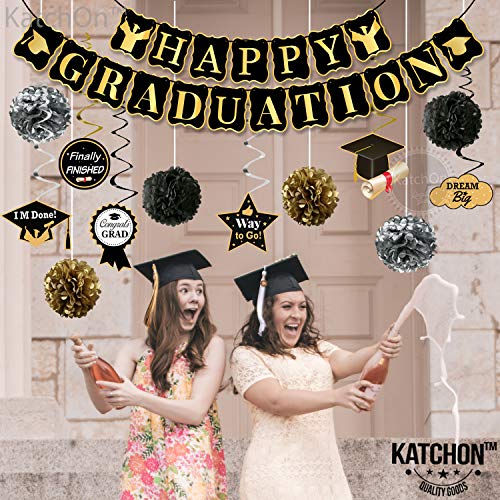 Image of KatchOn, Happy Graduation Banner Set - Pack of 19, No DIY | Graduation Backdrop, Swirls, Pompoms for Graduation Decorations Class of 2026 | Black and Gold Graduation Decorations 2026