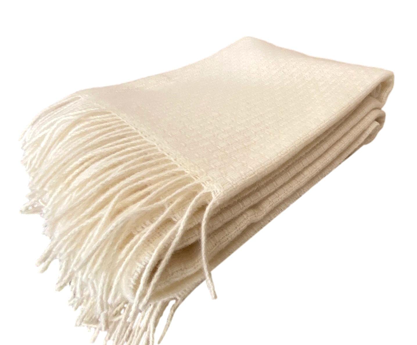 Plaid in lana 100% Nuova Zelanda, colore bianco caldo, 140 x 200 cm, con frange