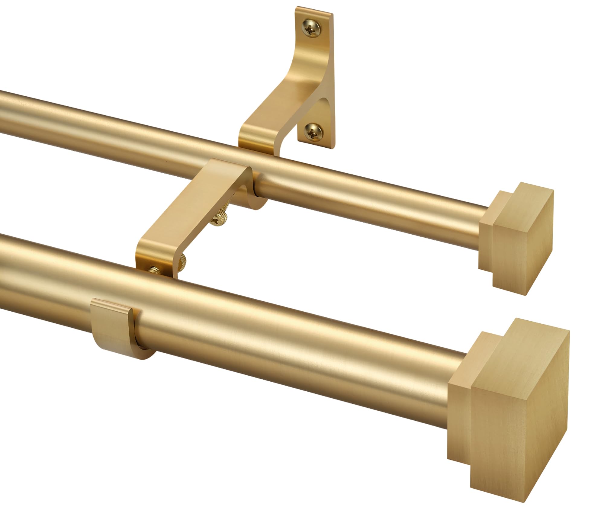 1 Inch Modern Double Window Curtain Rods,72-144 Inch Adjustable Telescoping Heavy Duty Stylish Drapery Rods Decorative Solid Square Allufer Finials for Dual Curtain Rod Window Treatment, Brushed Gold