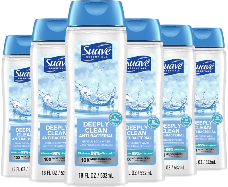 Suave Deeply Clean Antibacterial Body Wash with Glycerin & Vitamin E, Moisturizing Skin Cleanser For Soft, Smooth Skin, Long Lasting Scent, Paraben Free, 18 fl oz, 6 Count