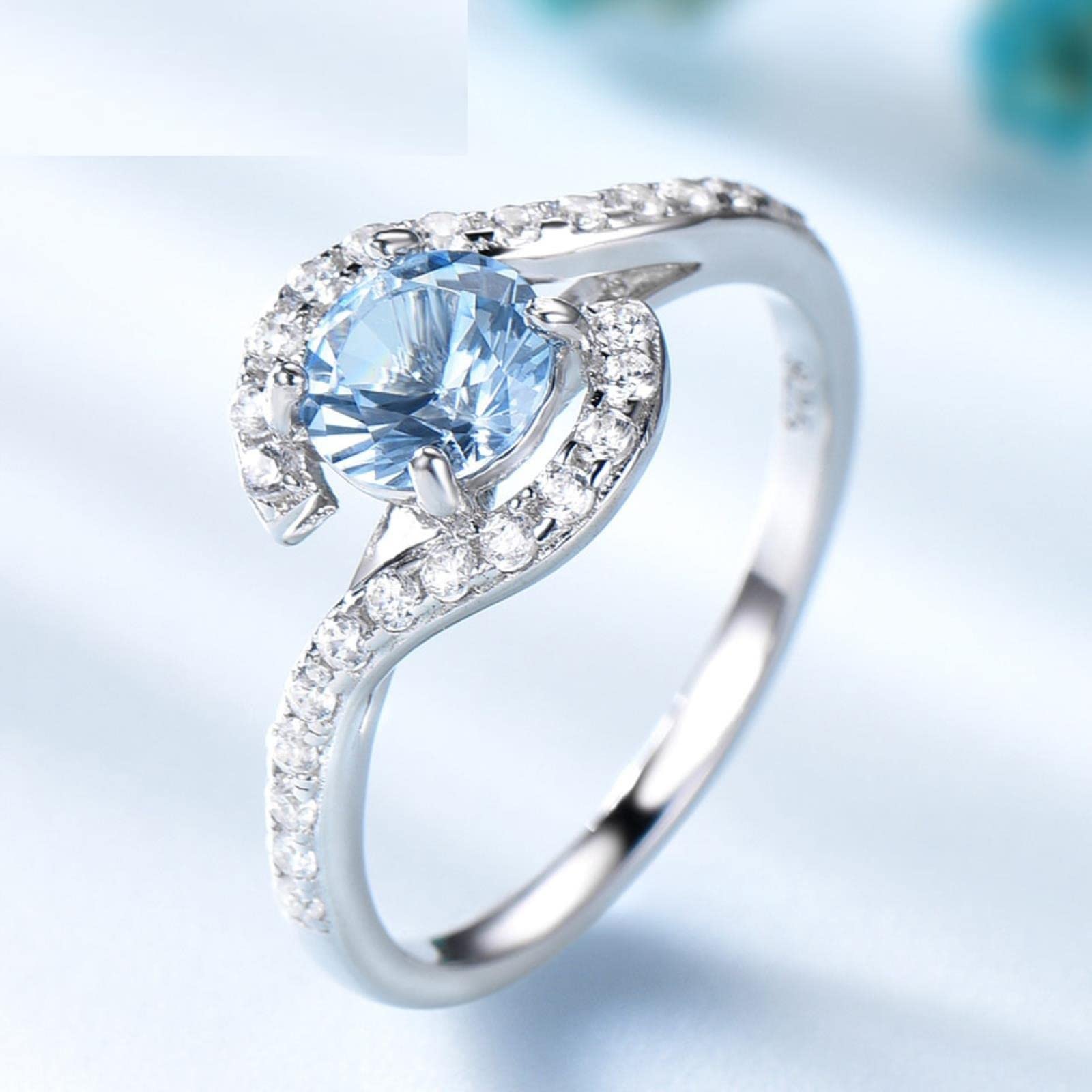 Anillos De Plata De Ley 925 Auténtica con Topacio Azul Cielo para Compromiso Femenino, Nupcial Romántico, Joyería Fina