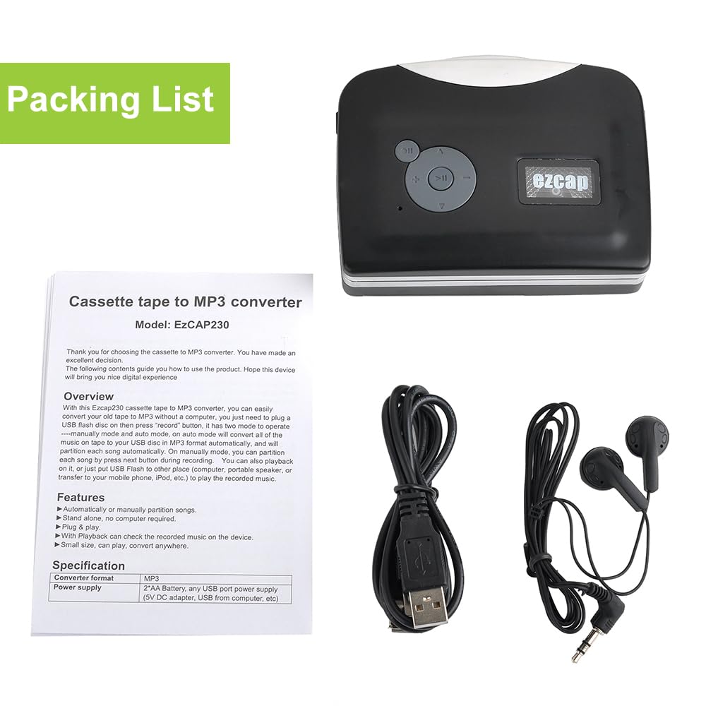 docooler Lettore di Cassette USB con Auricolari Convertitore da Nastro a MP3 Portatile Registratore vocale Altoparlante Incorporato Microfono