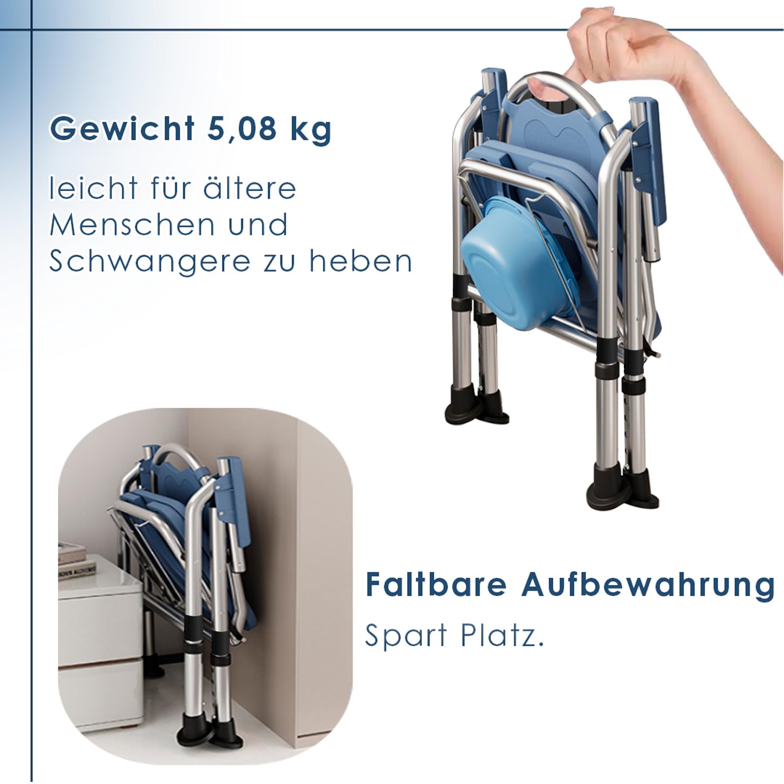 Toilettenstuhl für Senioren,Tragbar duschrollstuhl höhenverstellbar, WC Stuhl mit gepolsterter Sitzplatte und Toiletteneimer, Duschstuhl Klappbarer Stabil,Tragfähigkeit 200kg (CY-KJ6201)