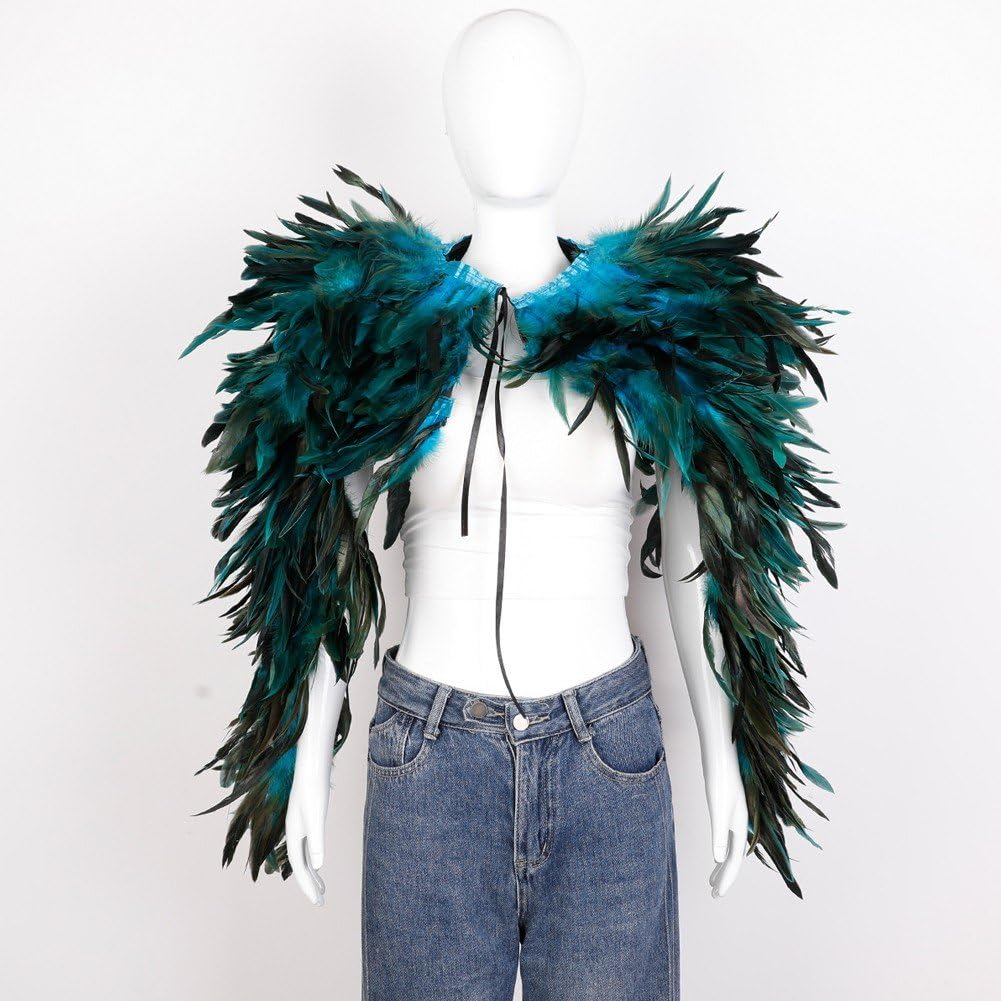 Mantello Gotico con Piume, Scialle, Poncho con Piume, Colletto, Mantello, Stola, Colletto Allacciato, Sciarpa, Scialle, Avvolgente, Colletto, Costume di Halloween