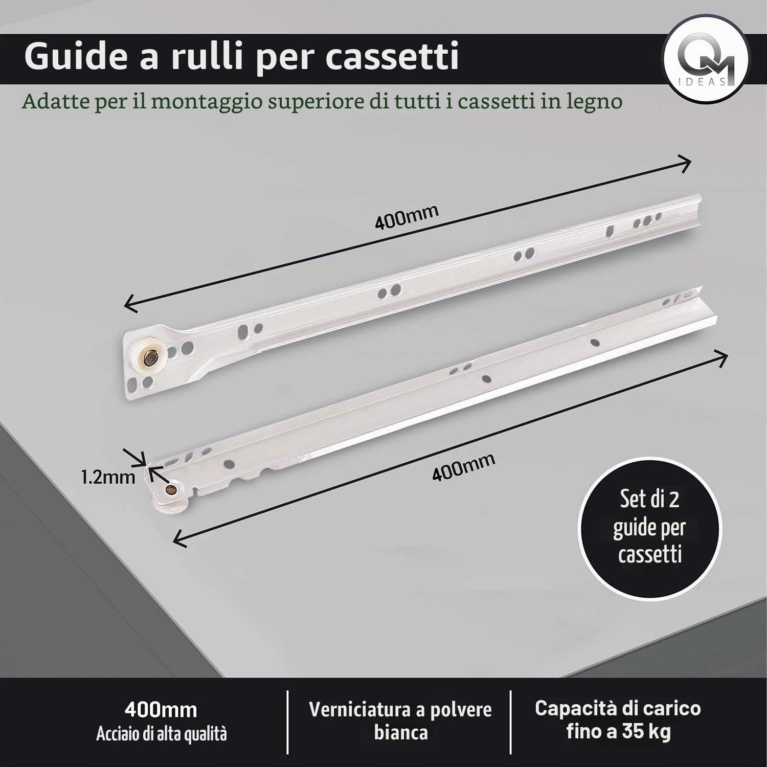 2 paia di guide per cassetti di alta qualità con base fissa in metallo bianco, 400 mm