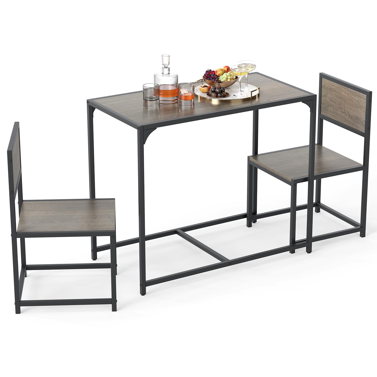 COSTWAY Dining Table Chairs, 3 Piece Metal Frame Kitchen Counter Furniture Include 1 Table and 2 Chairs, Home Office Living Room Breakfast Bar Table Set (Grey, without Footrest)