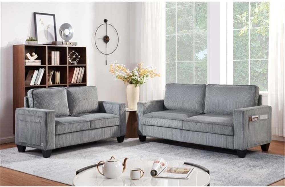 MAKLAINE 57" W Corduroy Loveseat Sofa, Gray Upholstered Fabric, Built-in USB Port, Side Storage Pockets, Compact Modern Design for Small Living Rooms, Apartments, Studios or Cozy Spaces