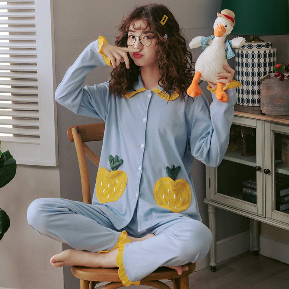 Conjunto De Pijamas De Mujer,Conjunto De Pijamas De Fresa Dulce Ropa De Dormir De Manga Larga De Algodón Top Con Botones Y Pantalones Pjs Cozy & Ropa De Dormir Suave Para El Otoño Invierno,Azul,M