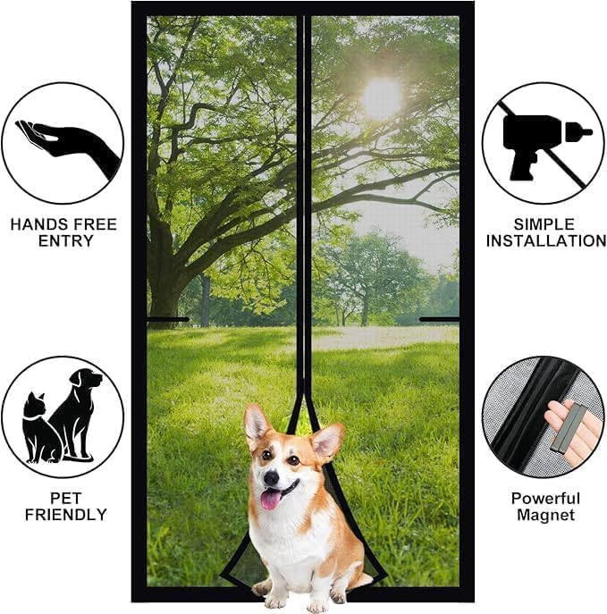 Image of Door Polyester Magnetic Curtain Auto Closing Insect Screen for All Door Types with Self Adhesive Hook Tape (200X100 cm, Black-Polyester)