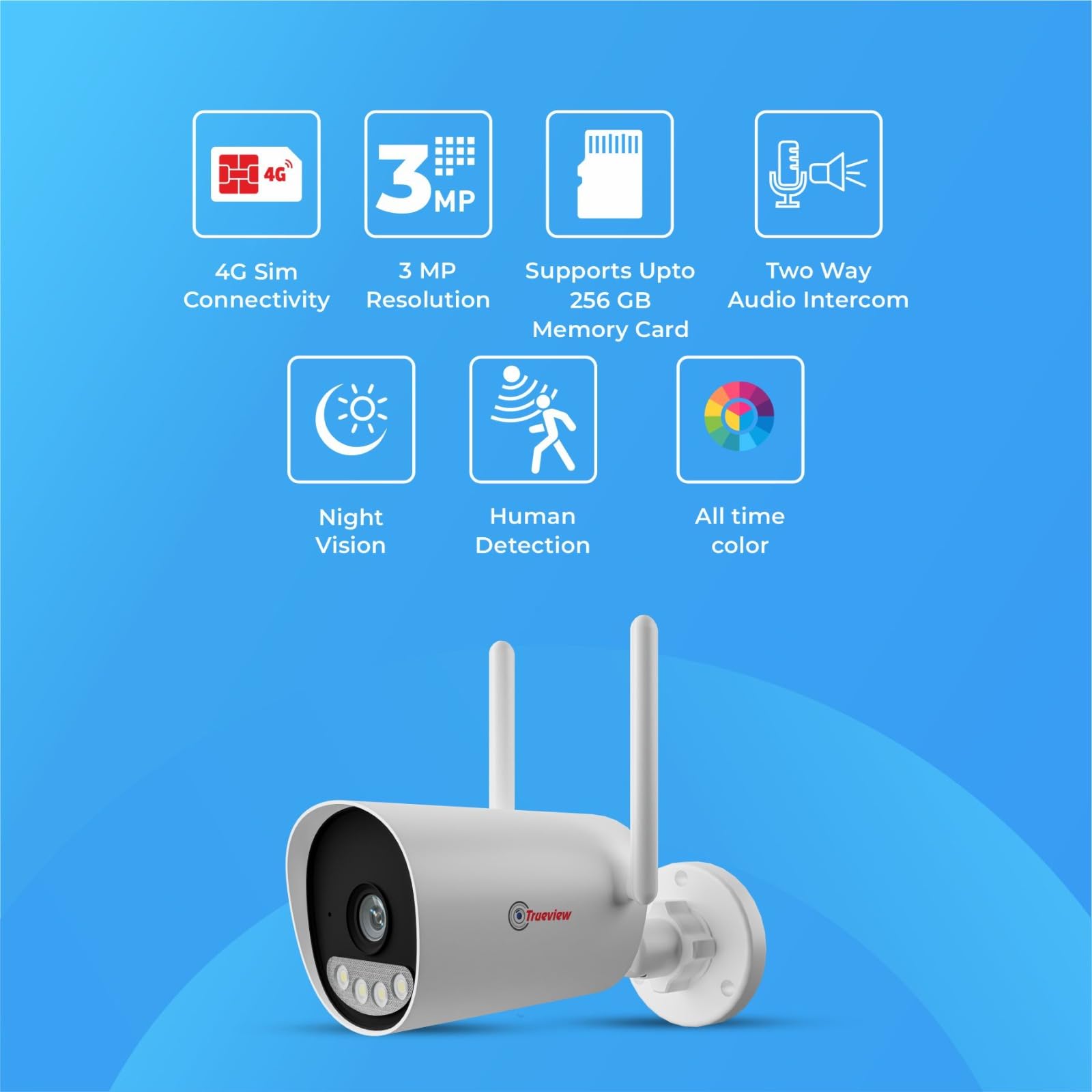 Trueview 3mp 1296p HD All Time Color 4G Sim Based Bullet CCTV Security Camera for Home, Shop, Office, Farm, and Construction Site | IP66 Waterproof Rating | with 9 IR LED 1