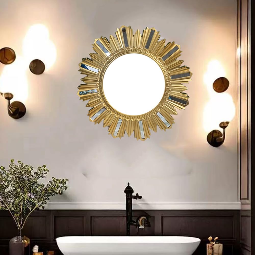 Hosoncovy 35CM Bathroom Makeup Mirror Gold Decorative Wall Hanging Mirror for Bathroom Living Room Bedroom Home Decoration