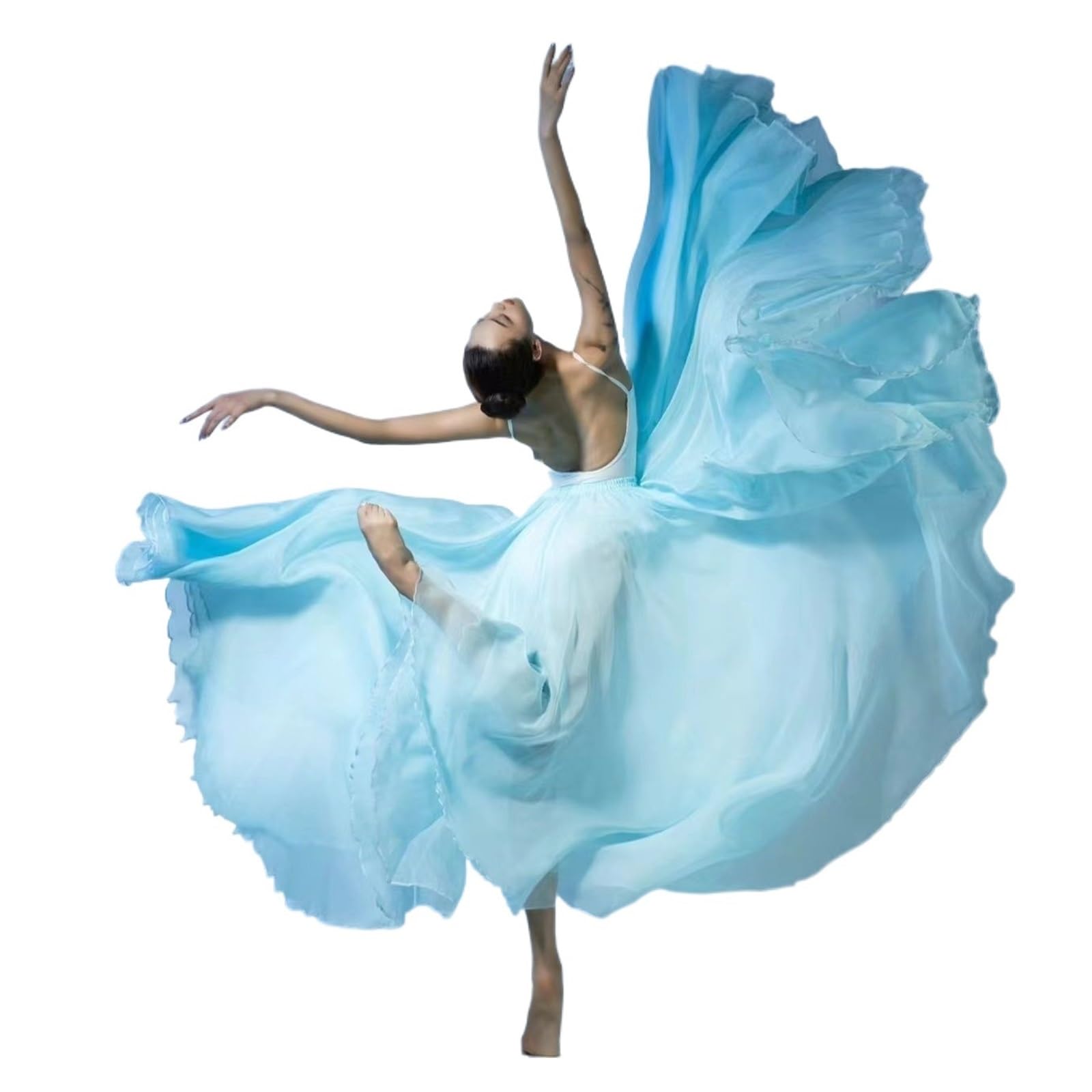 Chiffon TanzröCke 720 Grad Klassisches Tanzkostüm Damen Fließender großer Swing Doppellagiger Chiffonrock(Light Blue,L Skirt length95cm)