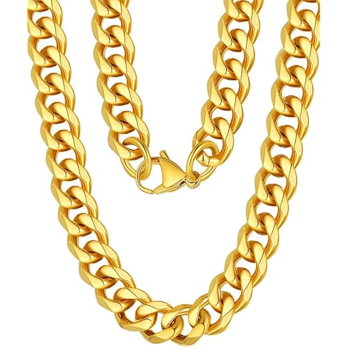 Sturdy Cuban Chain Necklace Stainless Steel 24K Real Gold Plated Chains for Men Women Jewelry, 9/10/13mm Width, 18/20/22/24/26/28/30inch Length, Send Gift Box