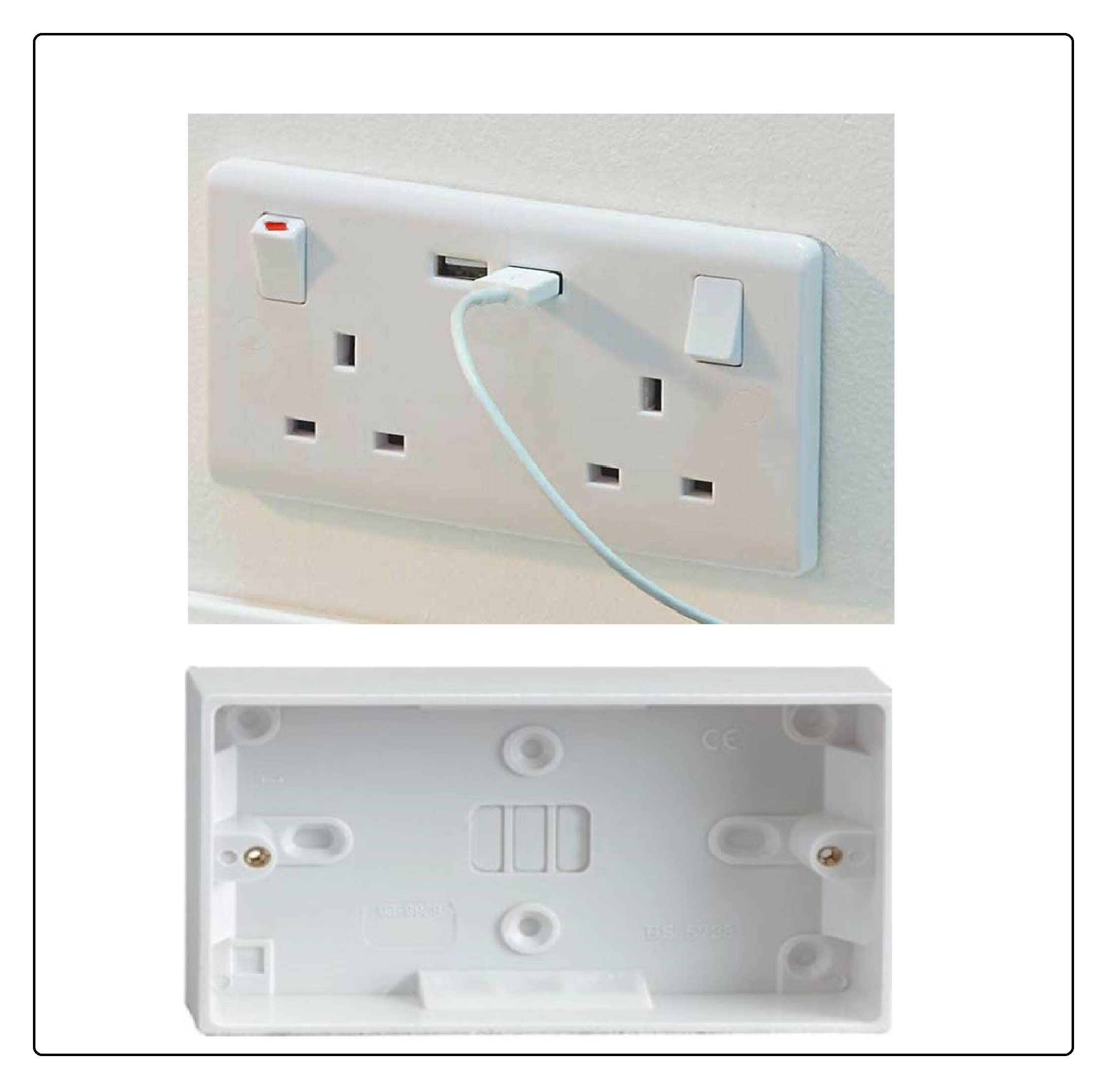 iSeventy9 2 Gang UK Electrical Plug Socket Wall Faceplate with 2 USB Charging Ports + Back Box 25MM White - Image 2