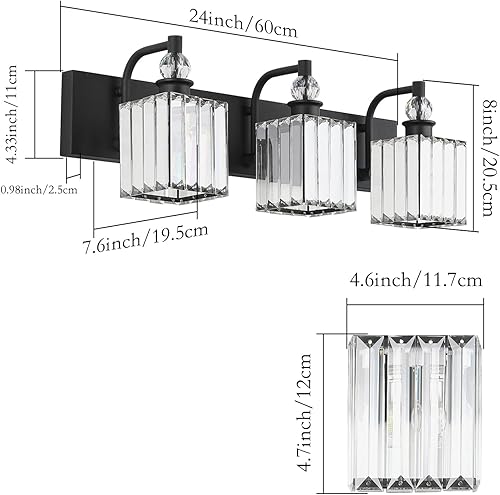 Miniatura 4 de Ralbay Lámpara de tocador negra cristalina para baño, 3 luces de 24 pulgadas, modernas lámparas de tocador de baño negro mate sobre espejo