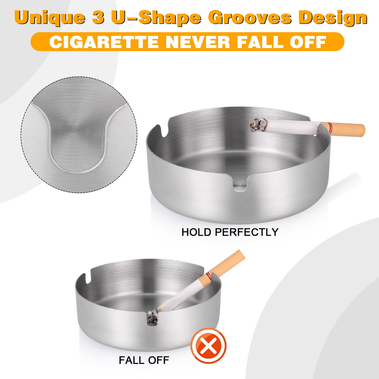 6 Pezzi Posacenere da Esterno e Interno in Acciaio Inox, Portacenere da Tavolo Rotondo con 3 Scanalature per Giardino, Casa, Bar e Ristorante, Argento